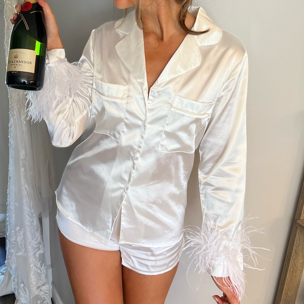 Bride getting ready silk feather pj sets